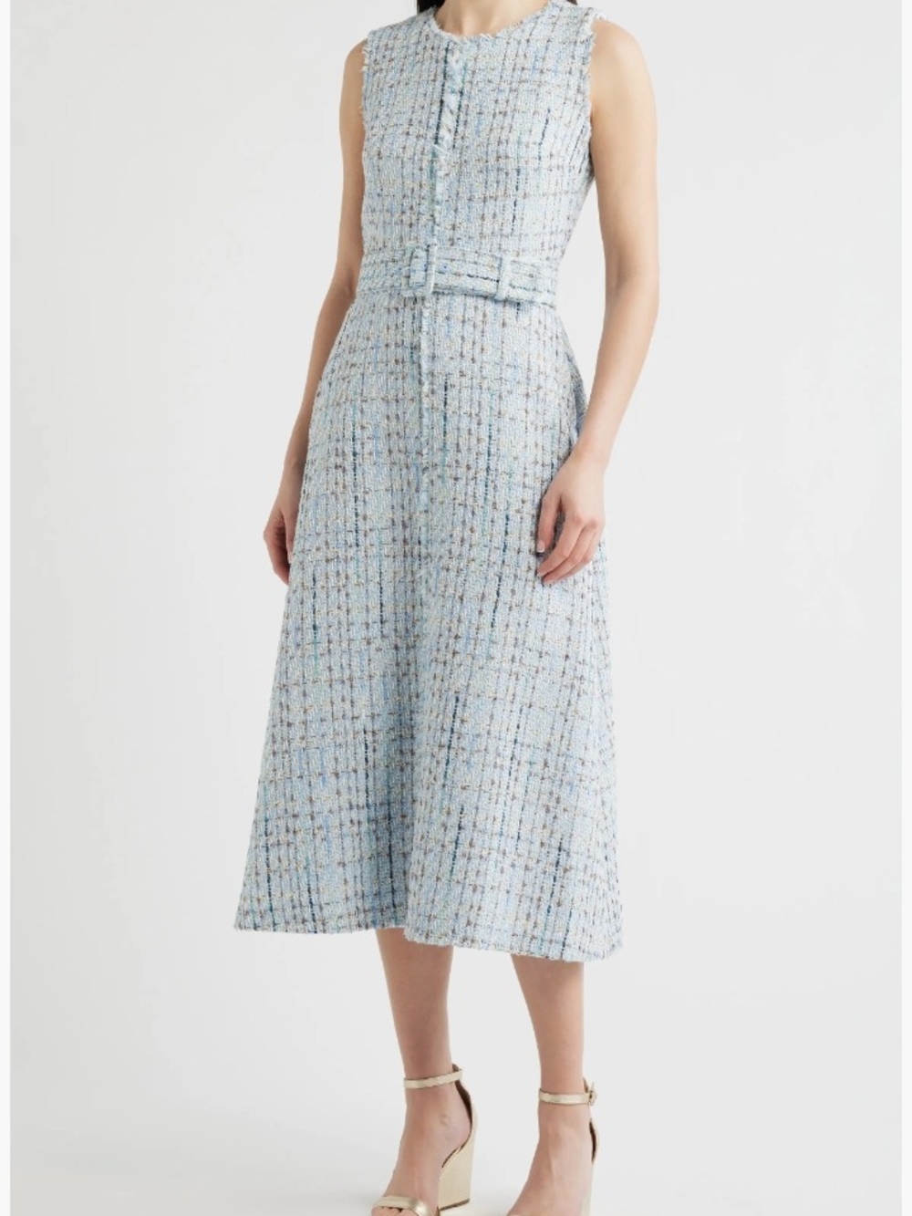 Anne Klein Light Blue Tweed Midi Dress-Skirt with Belt